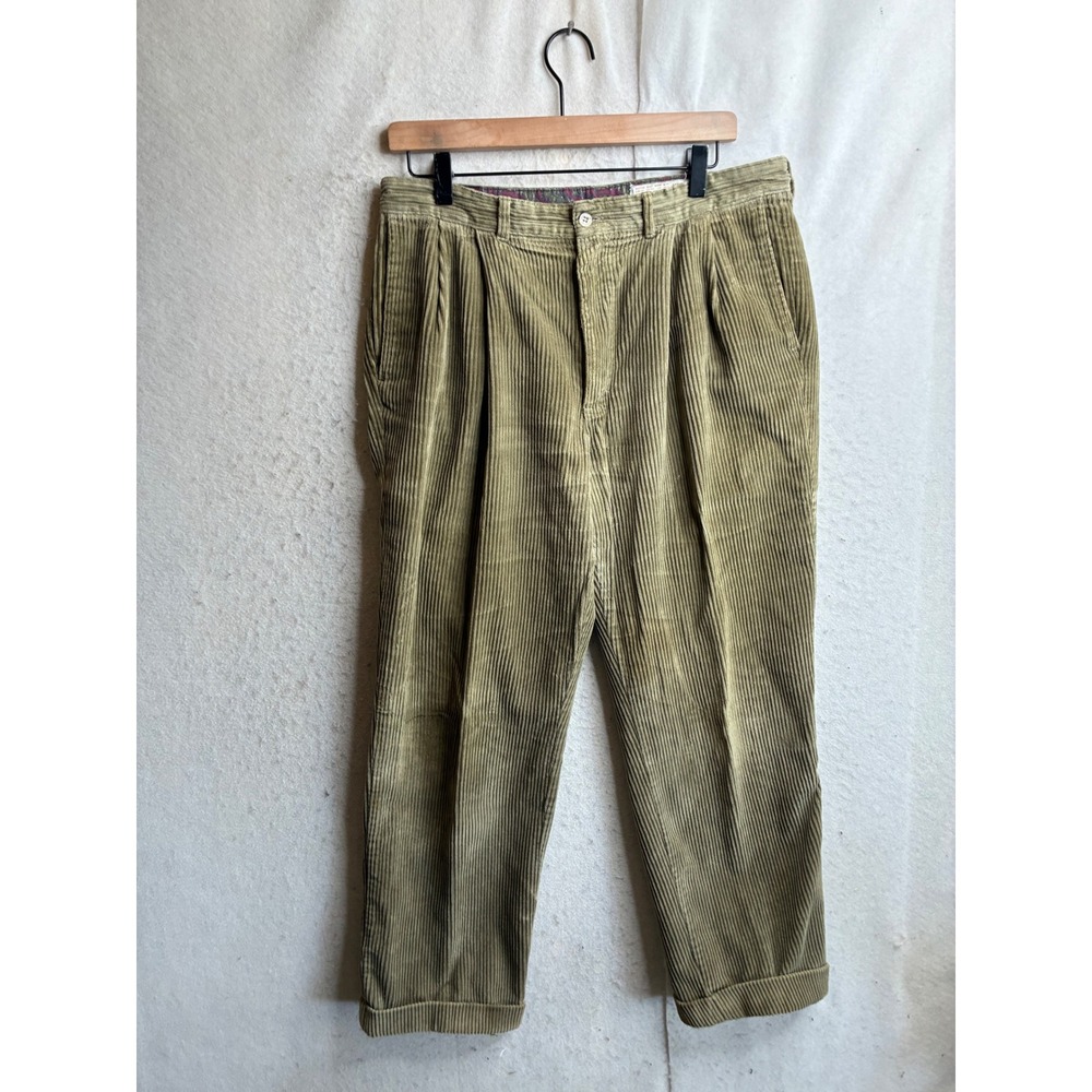 Oakton Limited Vintage Pleated Corduroy Trousers Olive Green Cuffed Mens 36x28